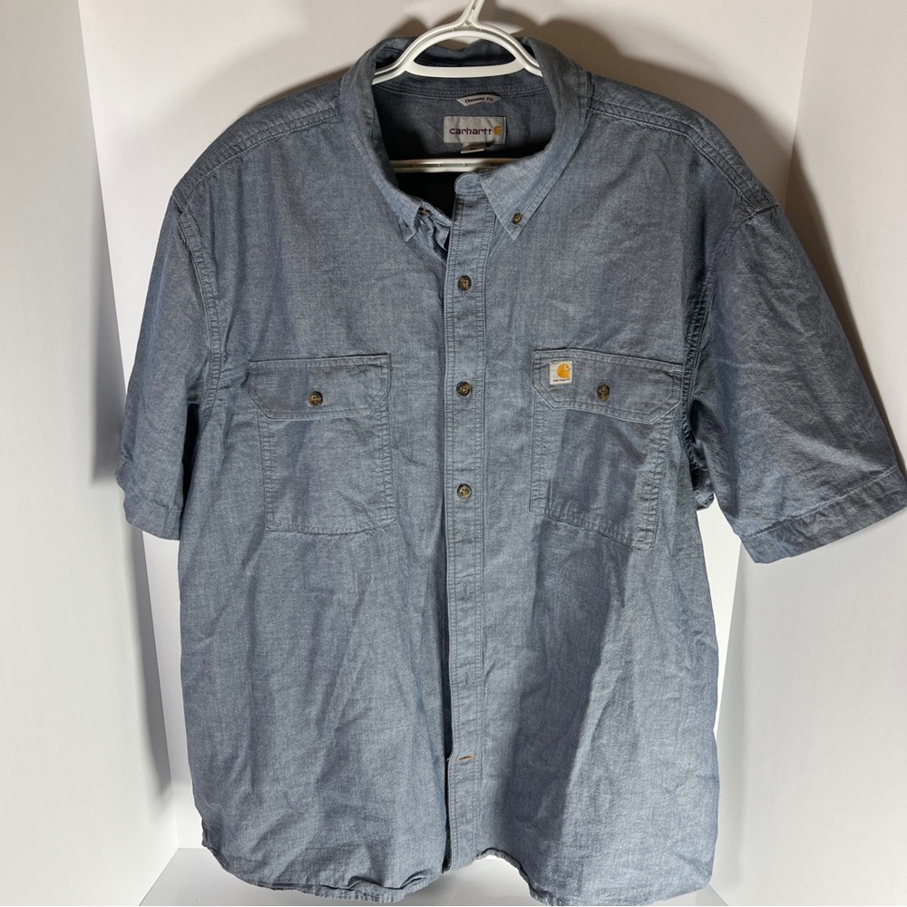 Carhartt Shirt Mens 2XL Blue Loose Fit Midweight 104369 Short Sleeve Button Up